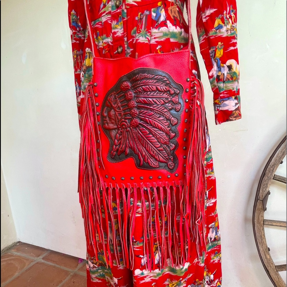 RAVIANI USA Western Red Tooled Leather American Indian Fringed Studded Bag NEW!! - Picture 2 of 14